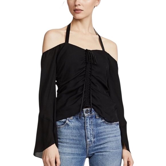 cinq a sept Tops - NWT Cinq a Sept Lorne Black Silk Off Shoulder Halter Top XS Reg. $365